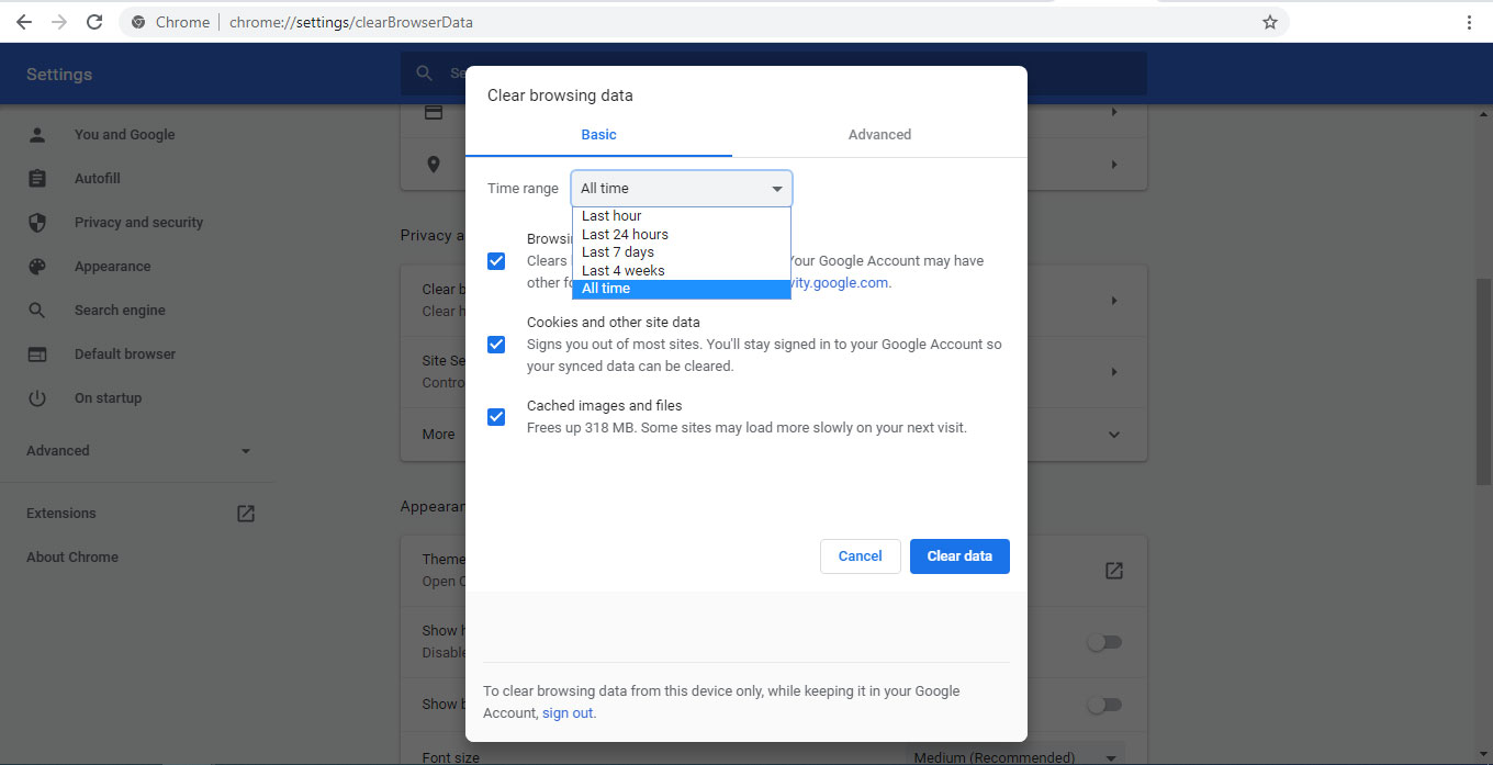 Time range of browsing data