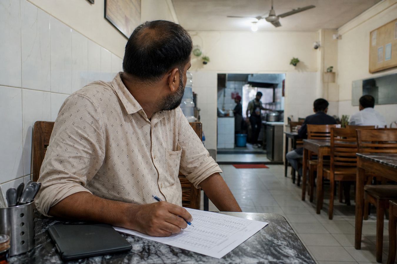 Restaurant owner in Bangladesh reviewing a POS buying checklist at a cafe table.