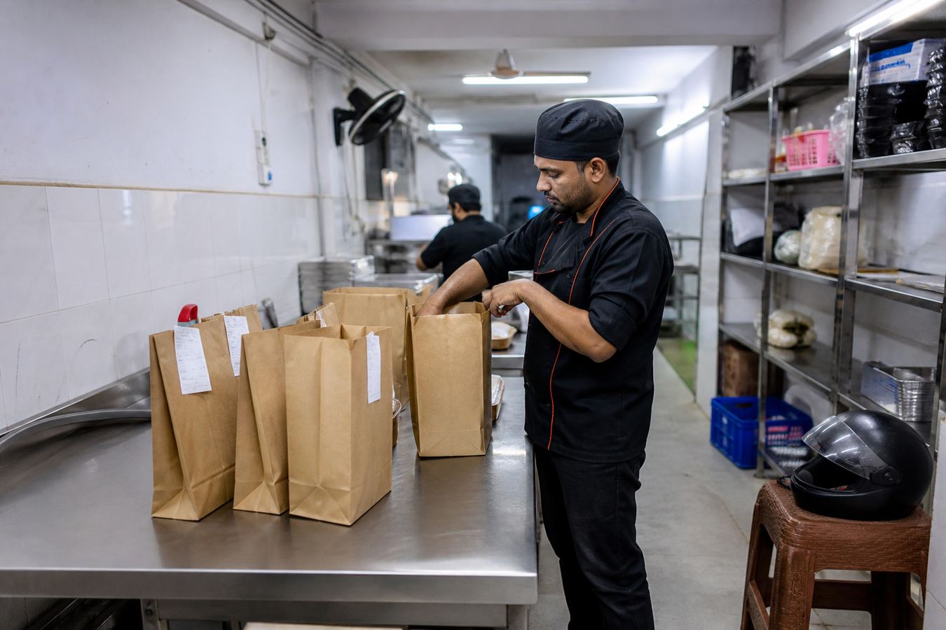 Cloud kitchen packing station in Bangladesh with takeaway bags and no dining room.
