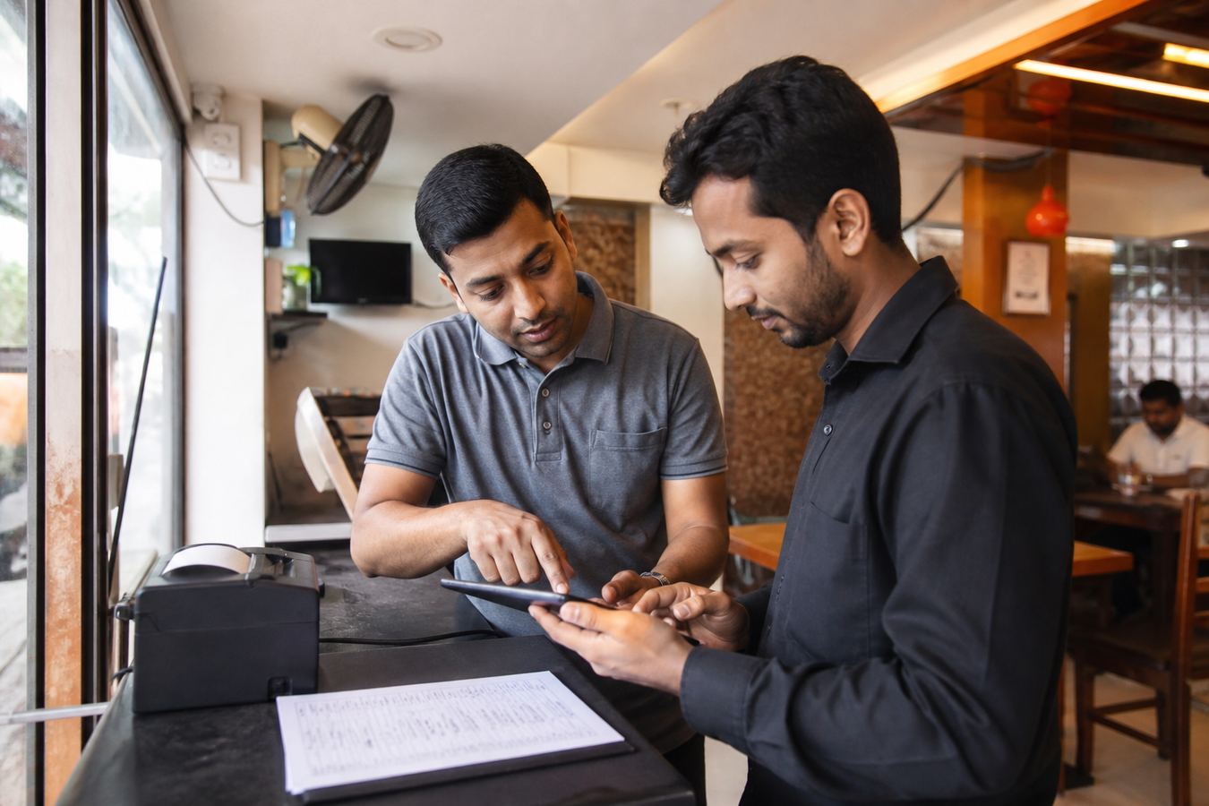 Trainer showing restaurant staff in Dhaka how to use a tablet POS during Riser POS installation.