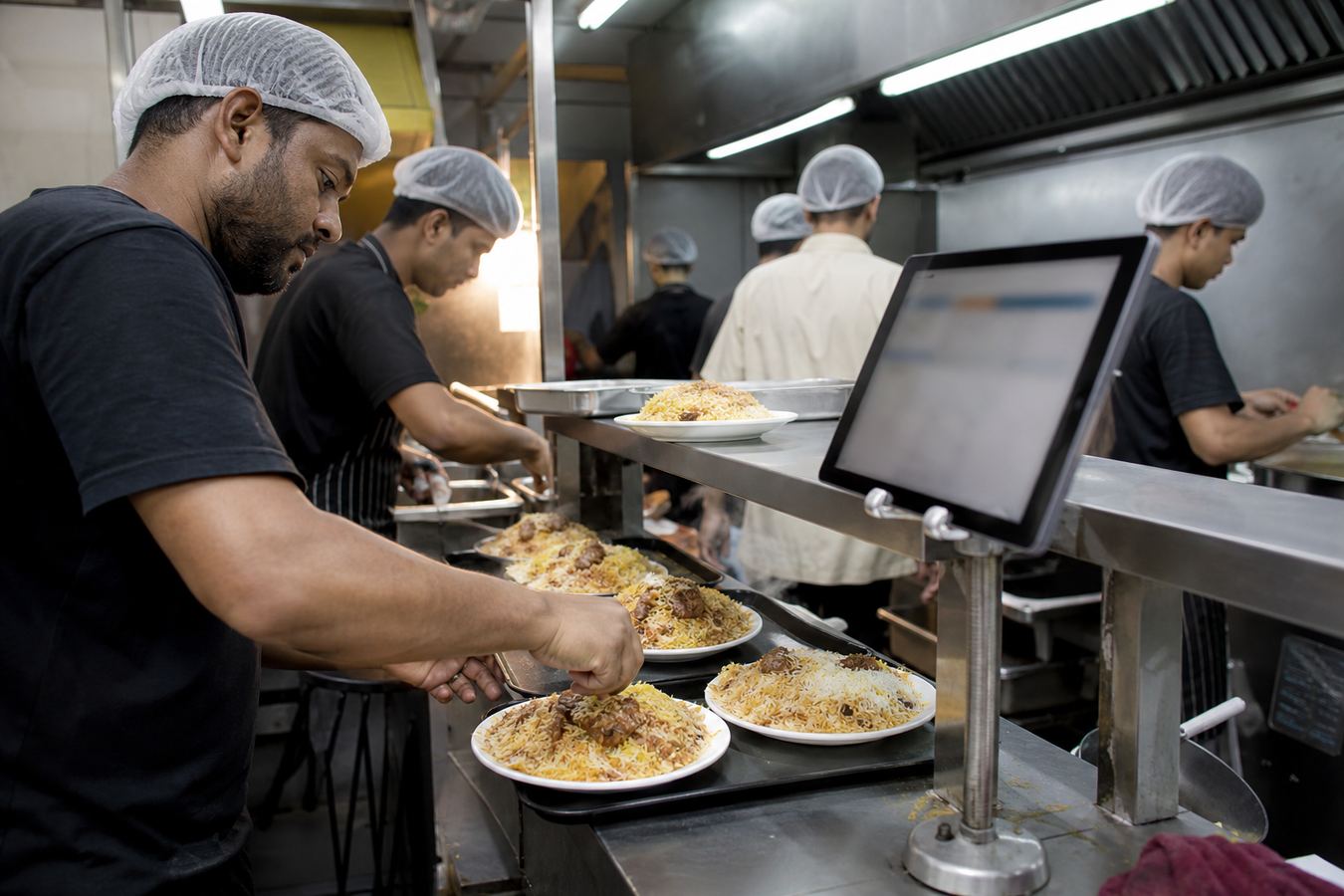 Cooks at a Bangladesh restaurant kitchen pass using a tablet stand as a kitchen display system.