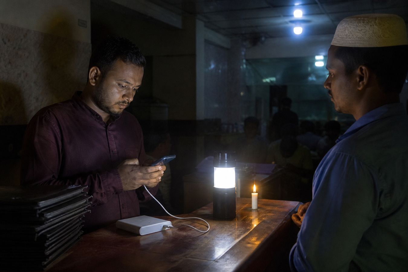Restaurant staff in Bangladesh billing on a phone during load-shedding, showing why offline POS matters.