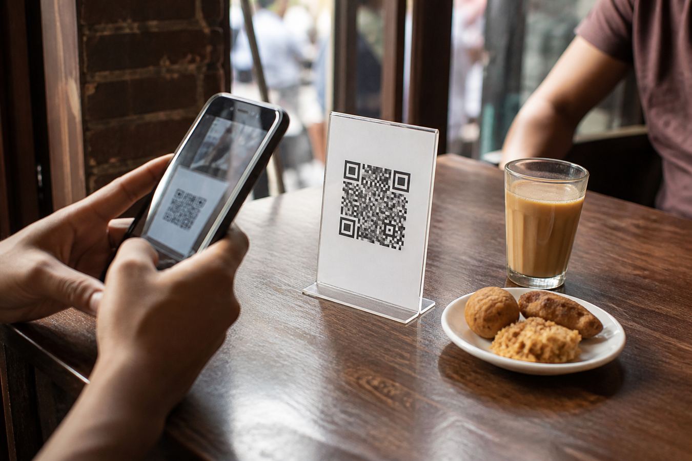 QR menu table tent on a Dhaka cafe table next to tea, scanned by a guest phone.