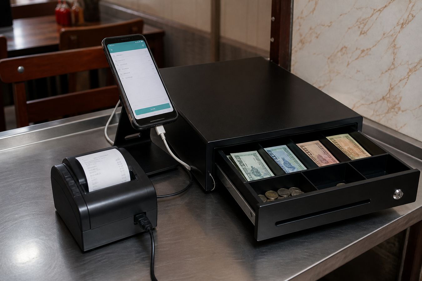 Restaurant POS hardware in Bangladesh: phone on a stand, thermal printer, and cash drawer.