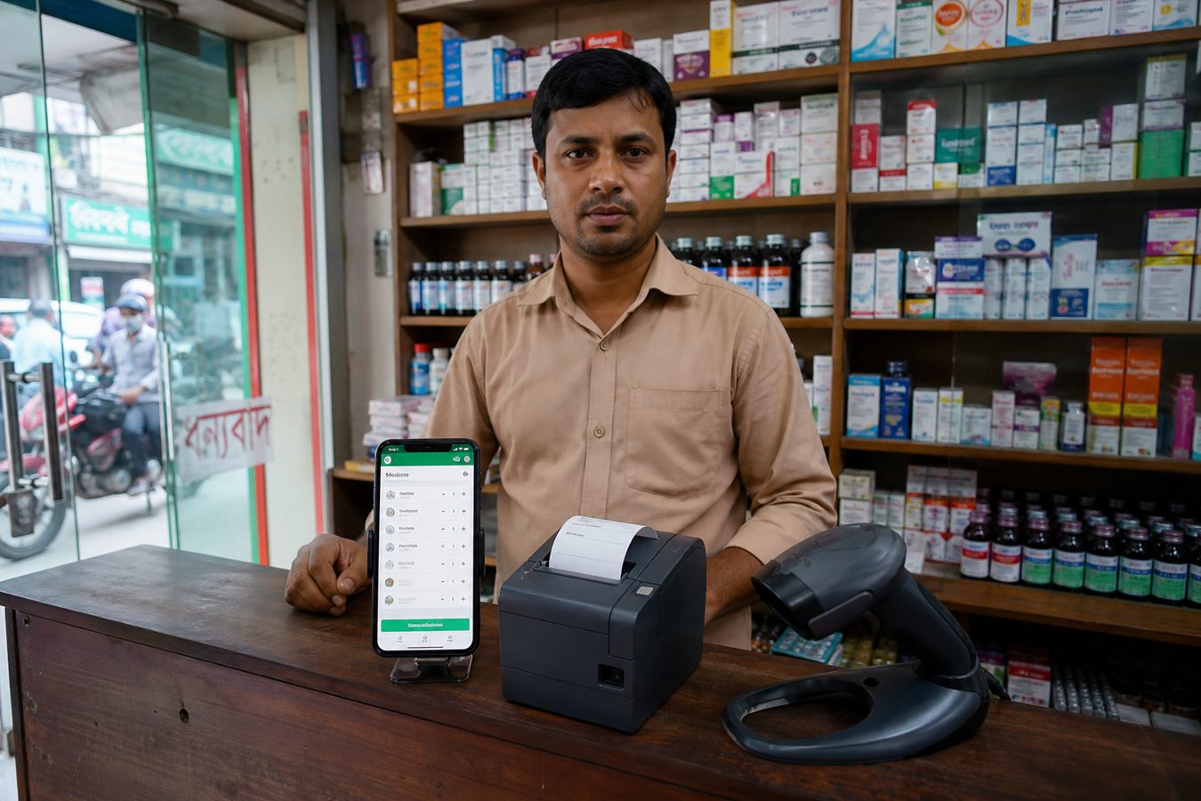 Bangladesh pharmacy counter with a phone POS till, barcode scanner, and thermal printer in front of medicine shelves
