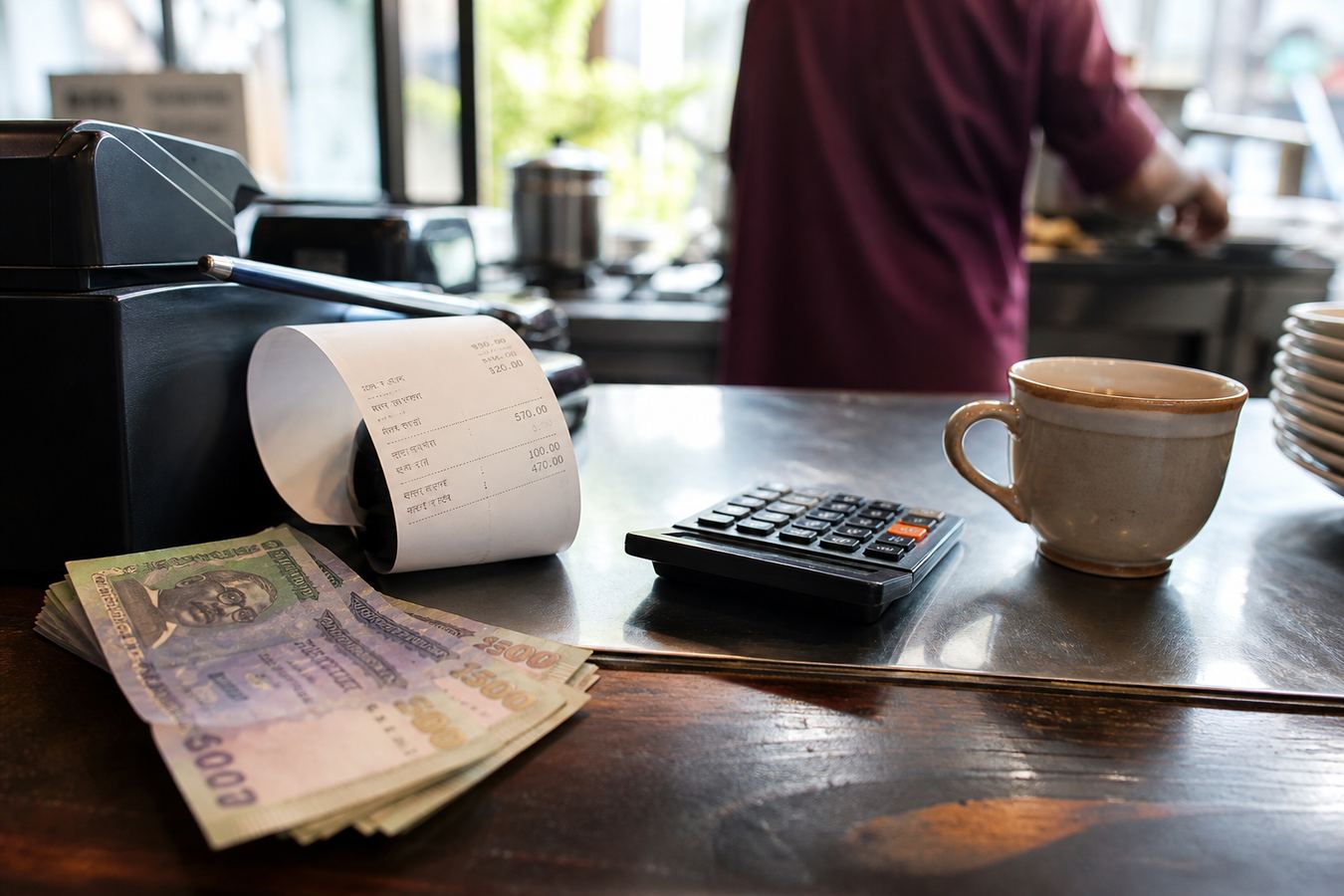 Cash and a thermal receipt on a Bangladesh cafe counter, illustrating restaurant POS pricing in BDT.