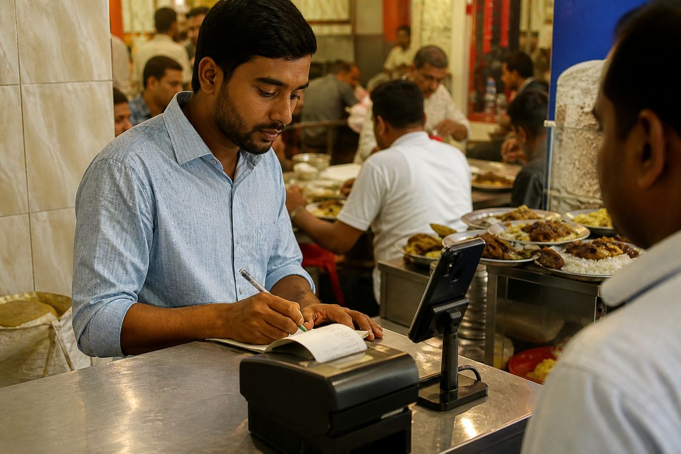 Bangladesh restaurant counter with a phone till and thermal printer used for restaurant POS billing.