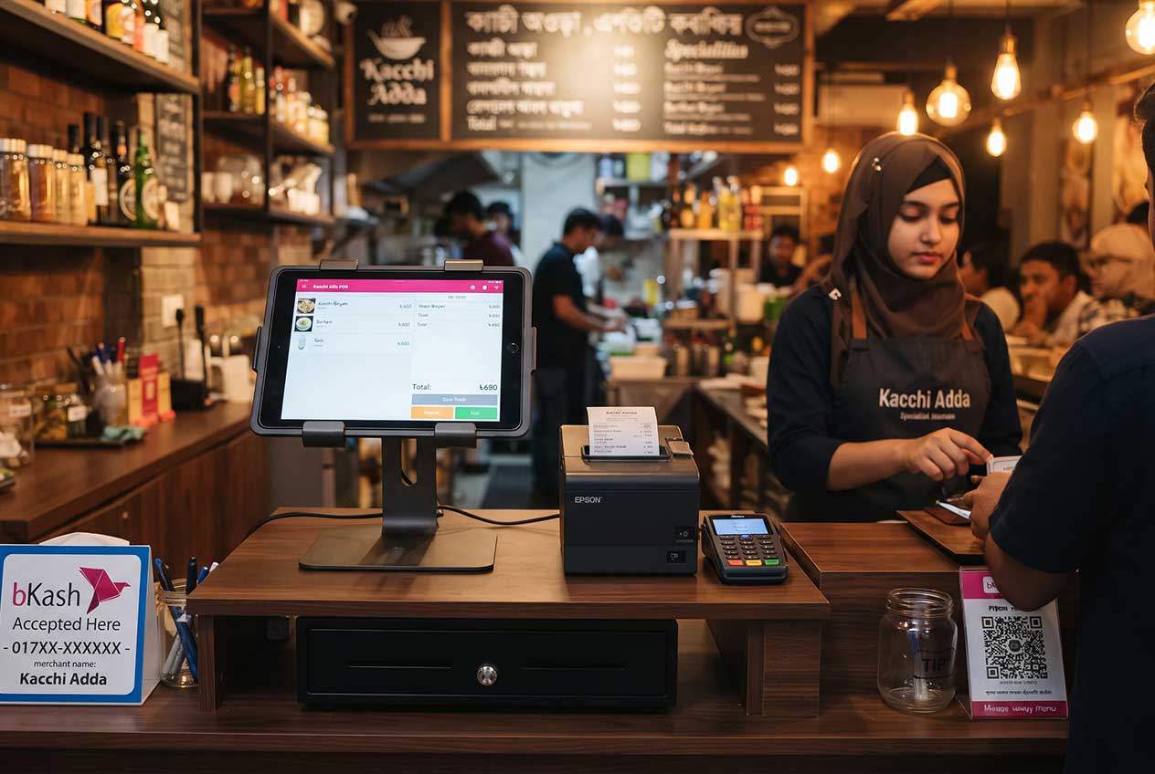 Bangladesh shop counter with a phone till, receipt printer, and cash drawer for POS software