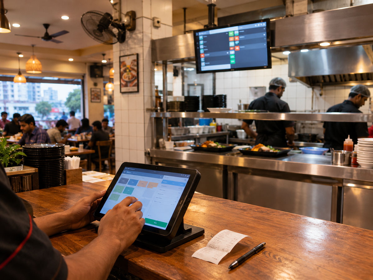 Restaurant counter in Bangladesh with a tablet taking an order, a kitchen display, and a printed bill