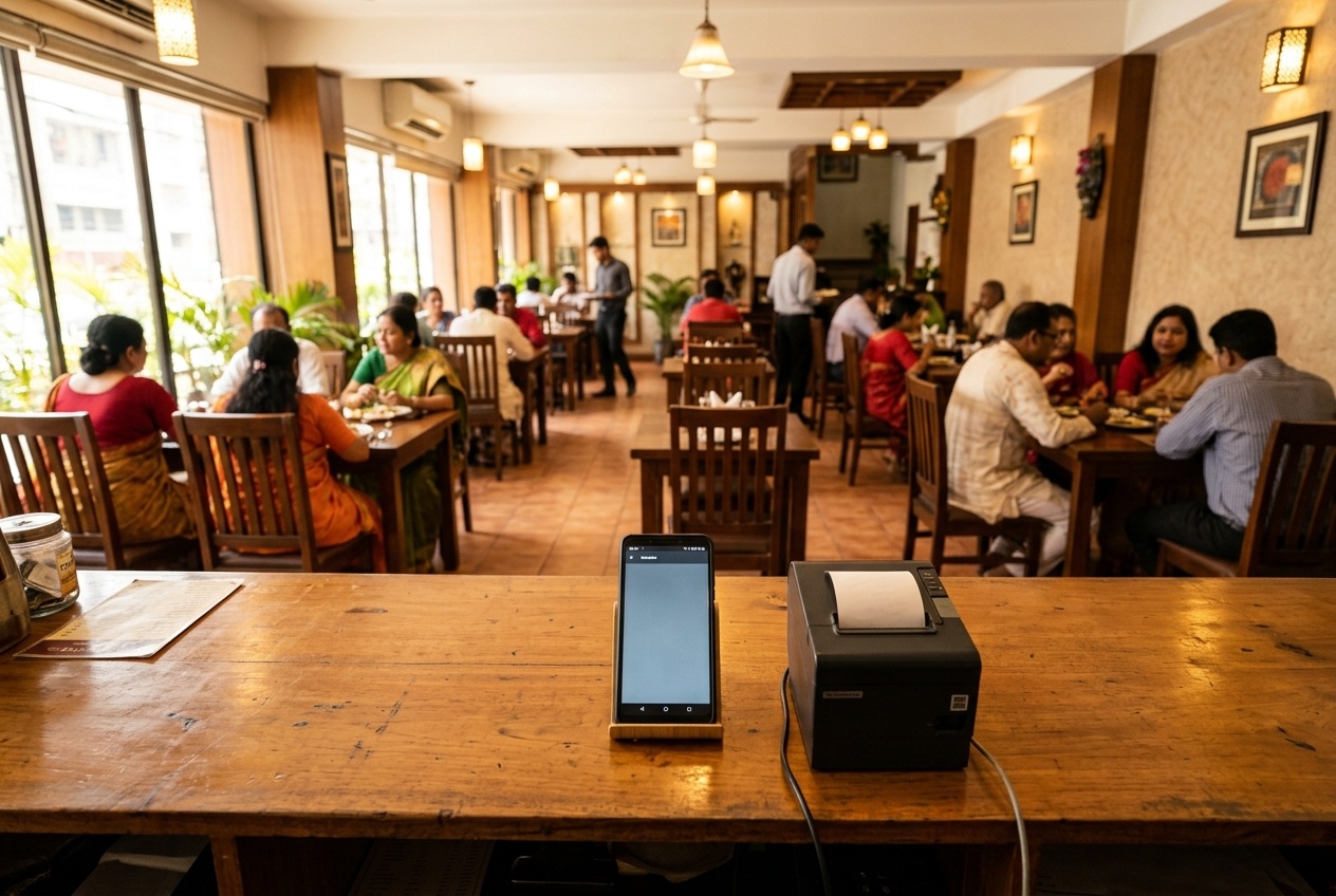 Dhaka neighborhood restaurant lunch counter with phone till and receipt printer