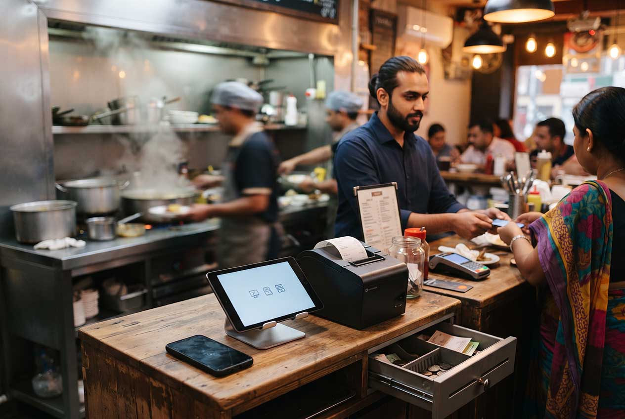 Dhaka restaurant counter with phone and tablet tills, thermal printer, and cash drawer for Riser POS vs 3S Softech comparison