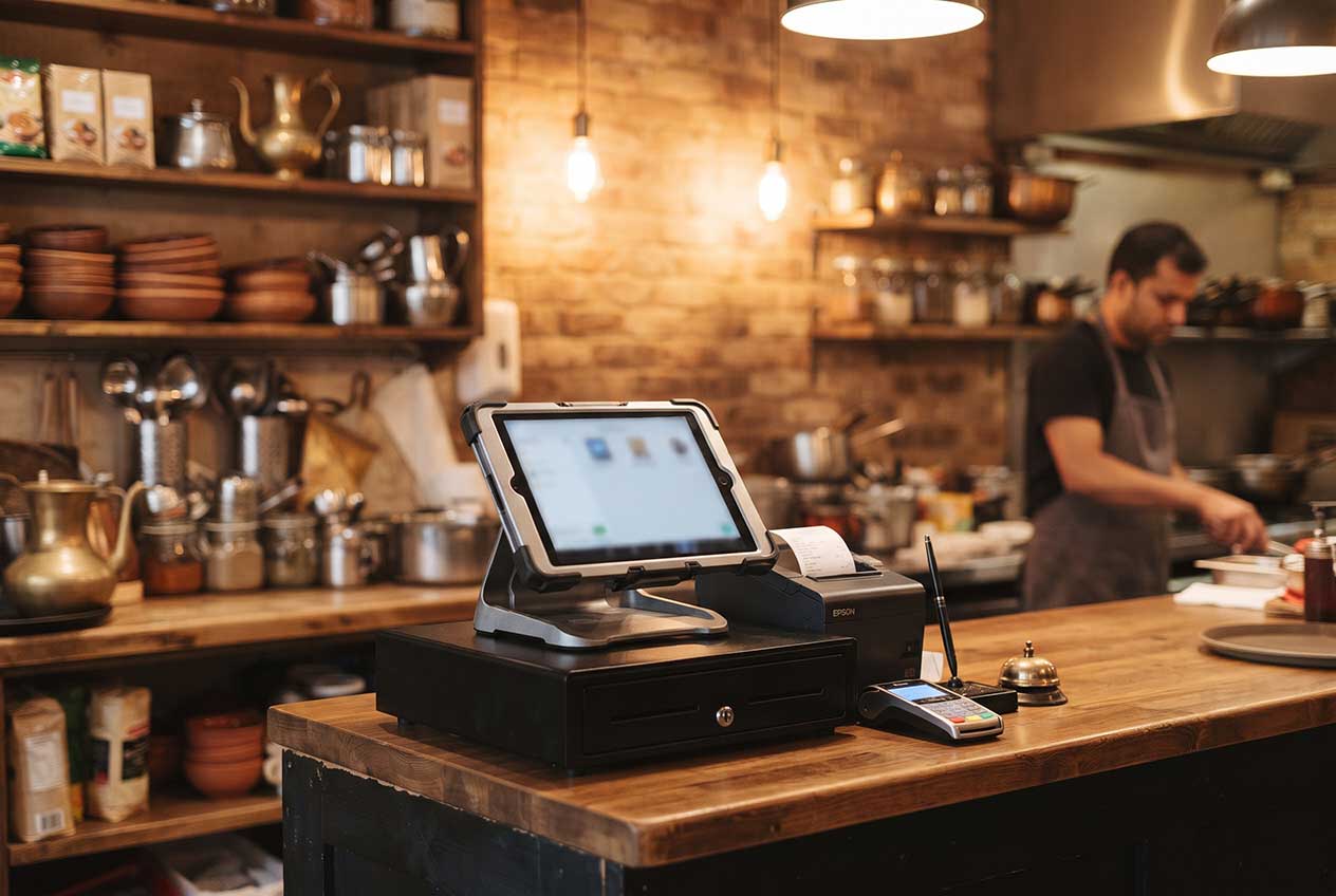 Bangladesh restaurant counter with tablet till and receipt printer, Riser POS vs Petpooja comparison