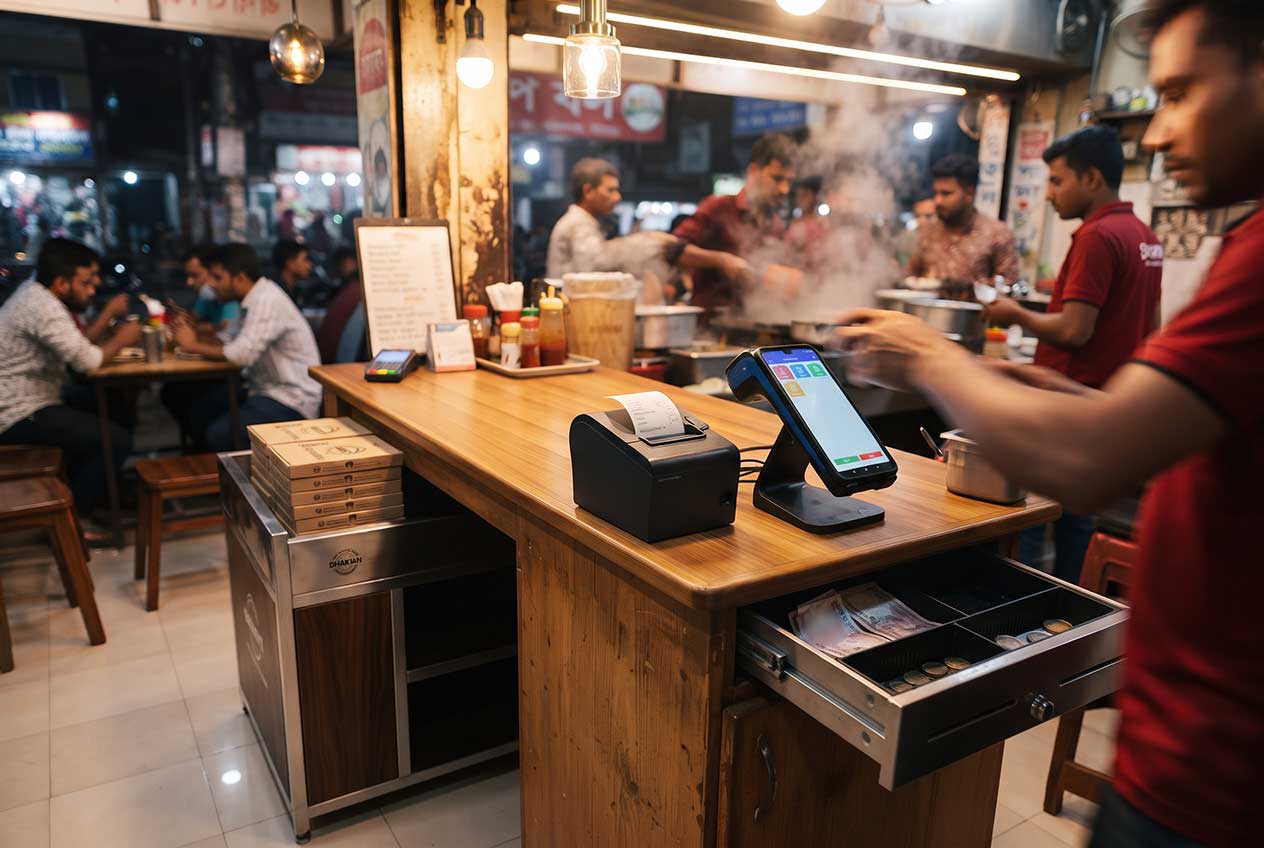 Dhaka restaurant counter with phone till, thermal printer, and delivery bag for Riser POS vs Restora POS