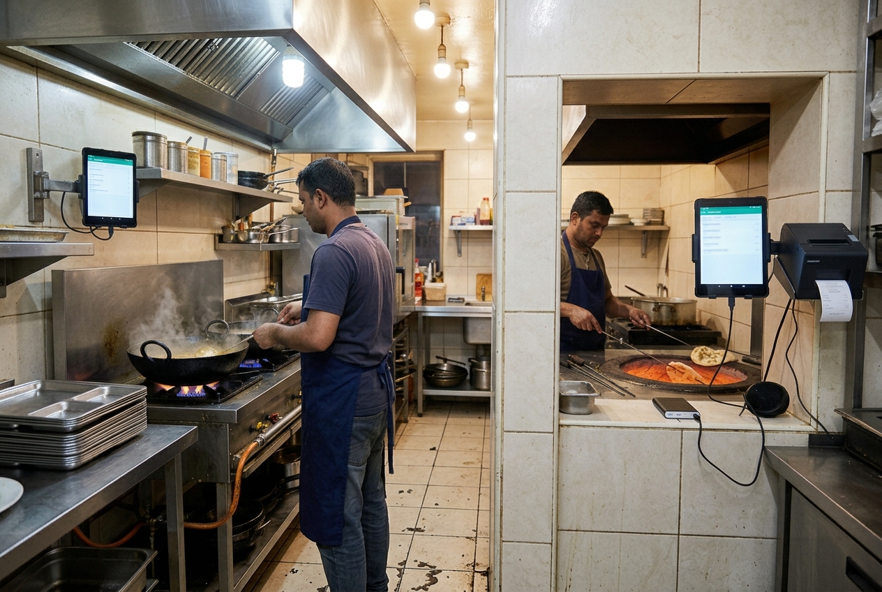 Two restaurant kitchens in Bangladesh, a curry pass and a tandoor room, each with its own ticket screen for a split KOT.