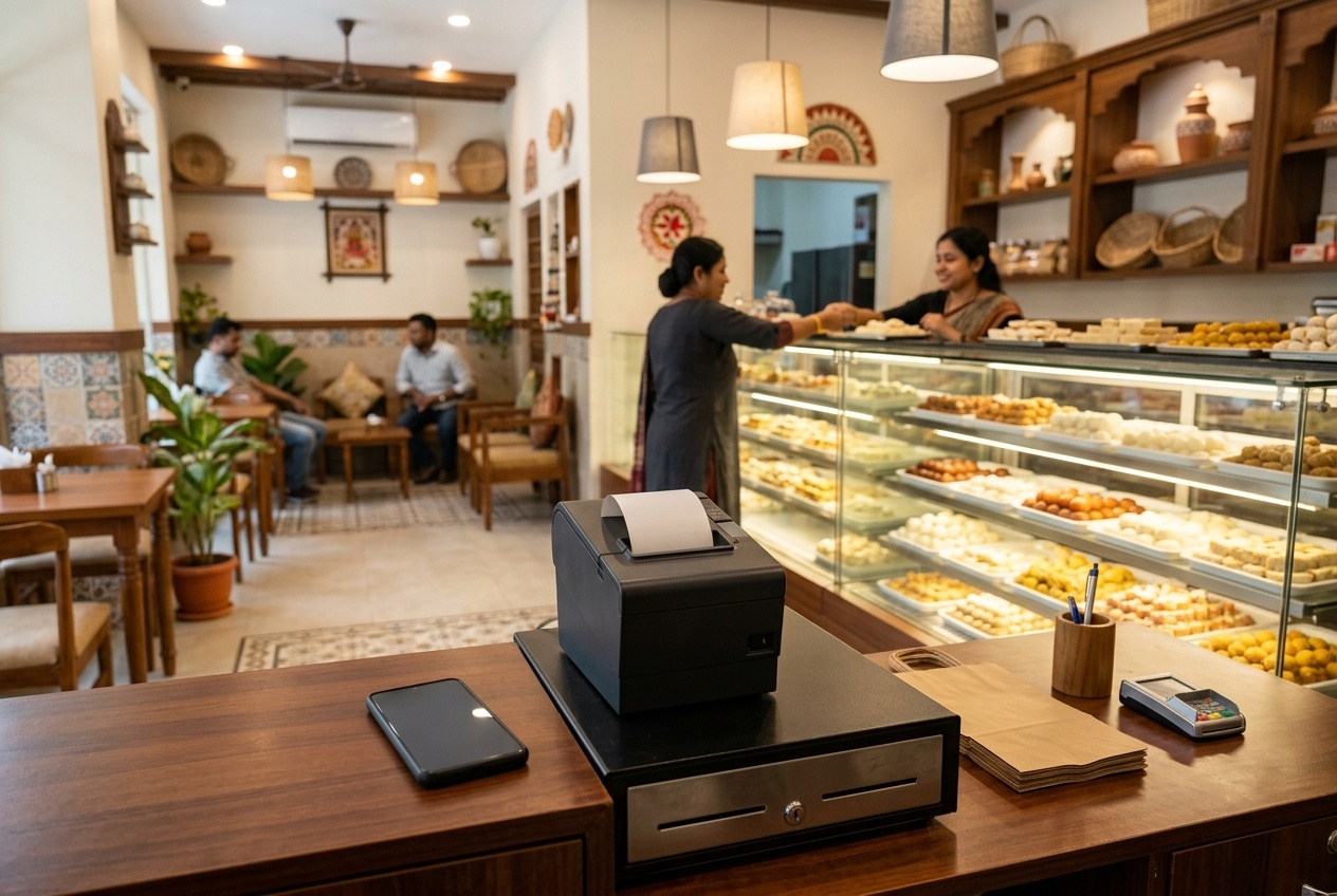 Bangladesh sweet shop counter with display case, phone till, and cash drawer